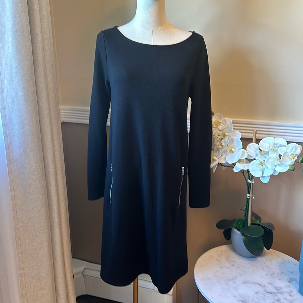 GAP Long Sleeve Boat Neck Black Dress Zip Pockets Size S